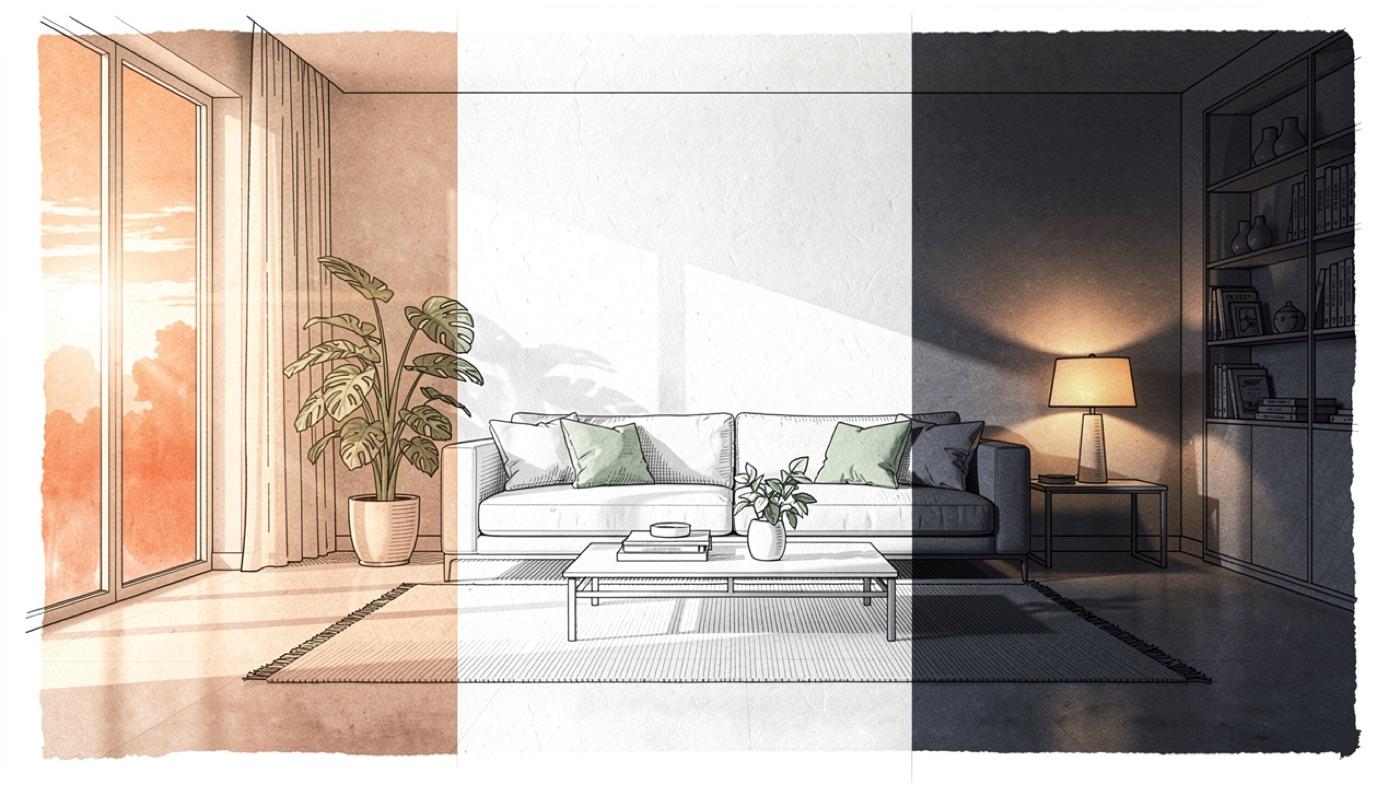 A living room at three times of day drawn as one scene, warm dawn light through the window on the left, bright midday light in the center and dim amber lamplight on the right