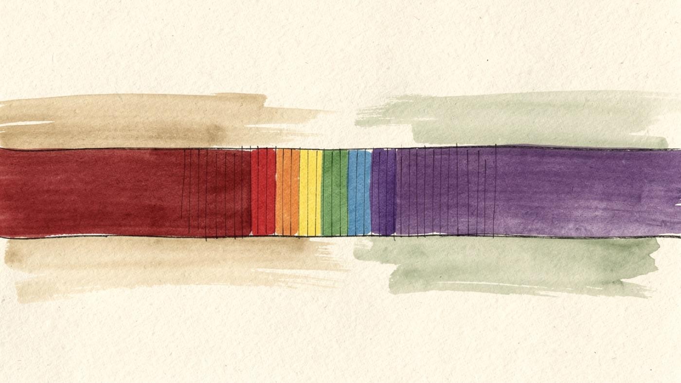 A horizontal band of the electromagnetic spectrum drawn as a ribbon, with the narrow visible portion shown as a rainbow between wider infrared and ultraviolet bands
