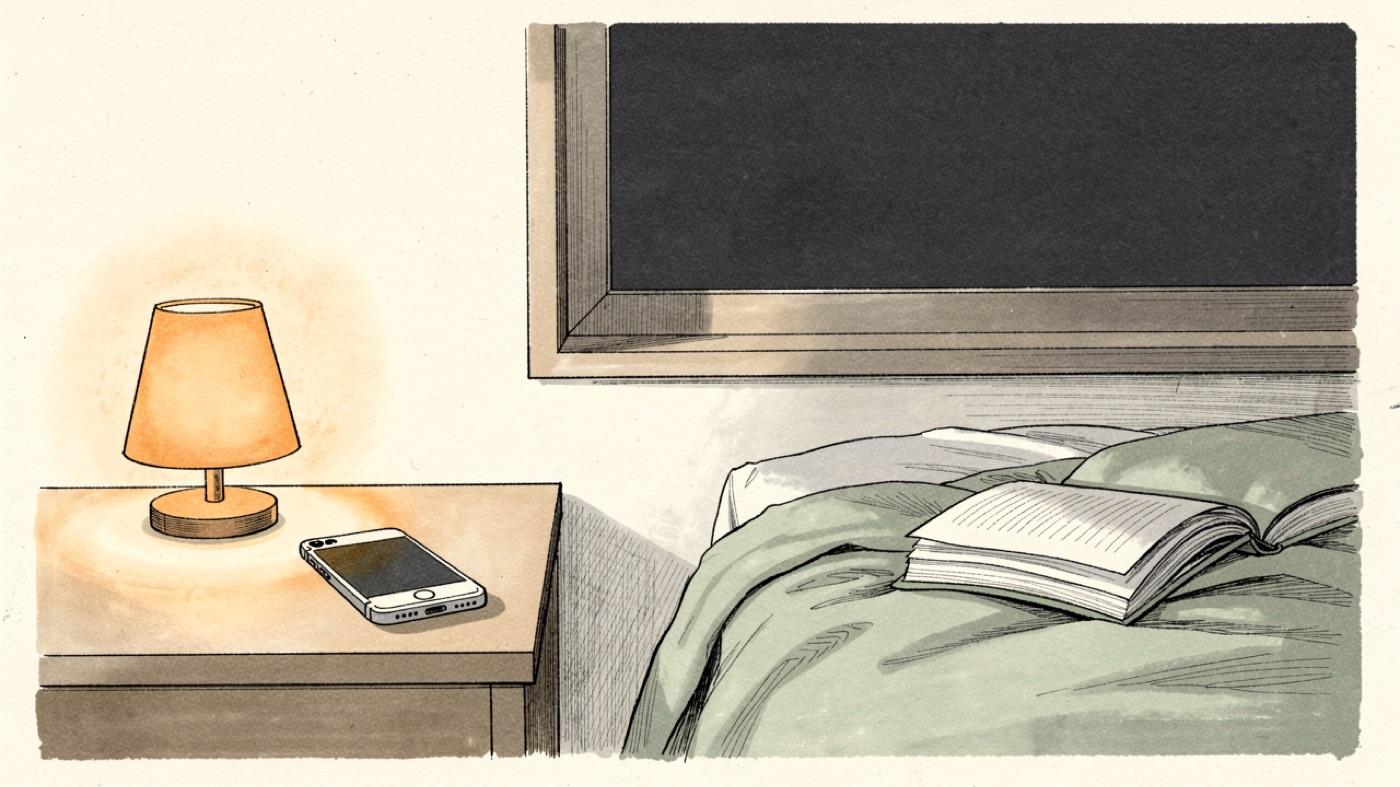 A nightstand with a warm dim lamp glowing beside a phone lying face down and a printed book open on the bed