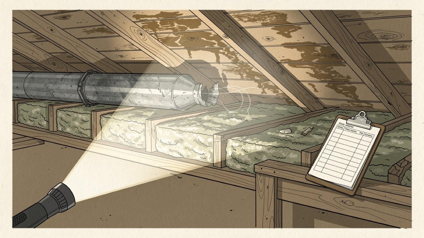 A flashlight shining across damp attic insulation, a stained roof deck and a loose duct joint