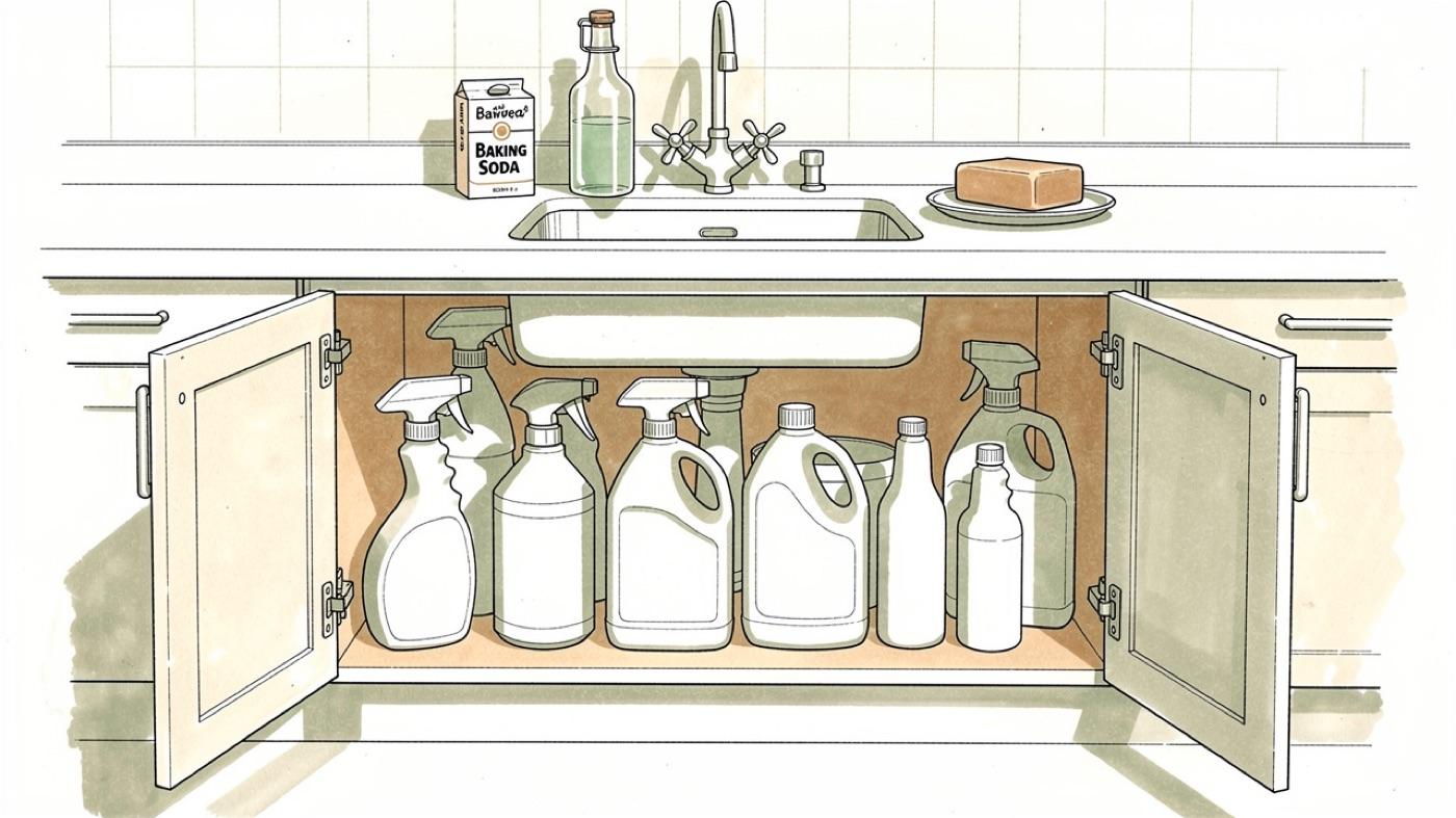 Kitchen sink cabinet open to reveal a row of plain spray bottles and jugs, with a box of baking soda, a bottle of vinegar and a bar of soap set on the counter above