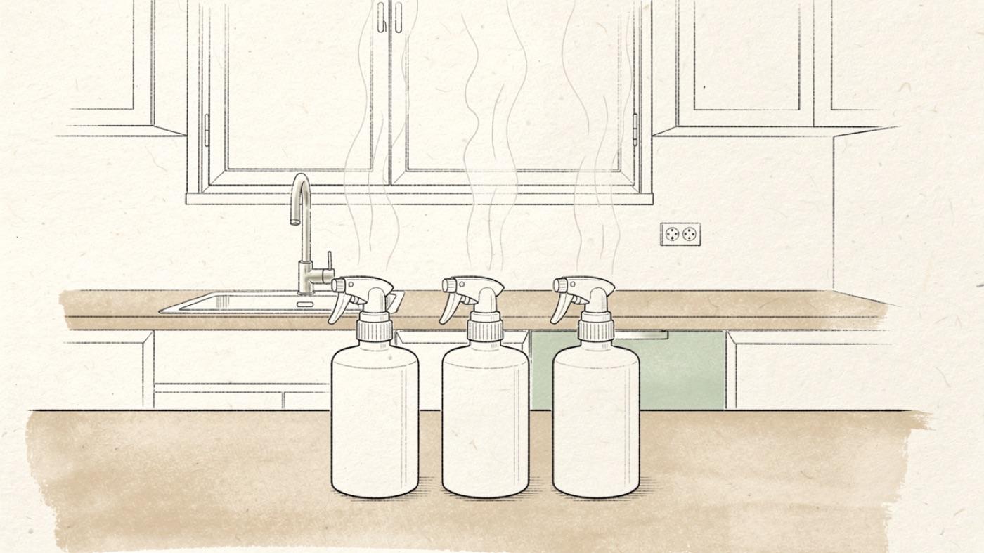 Three plain spray bottles on a counter with faint vapor wisps rising from their nozzles toward a closed window