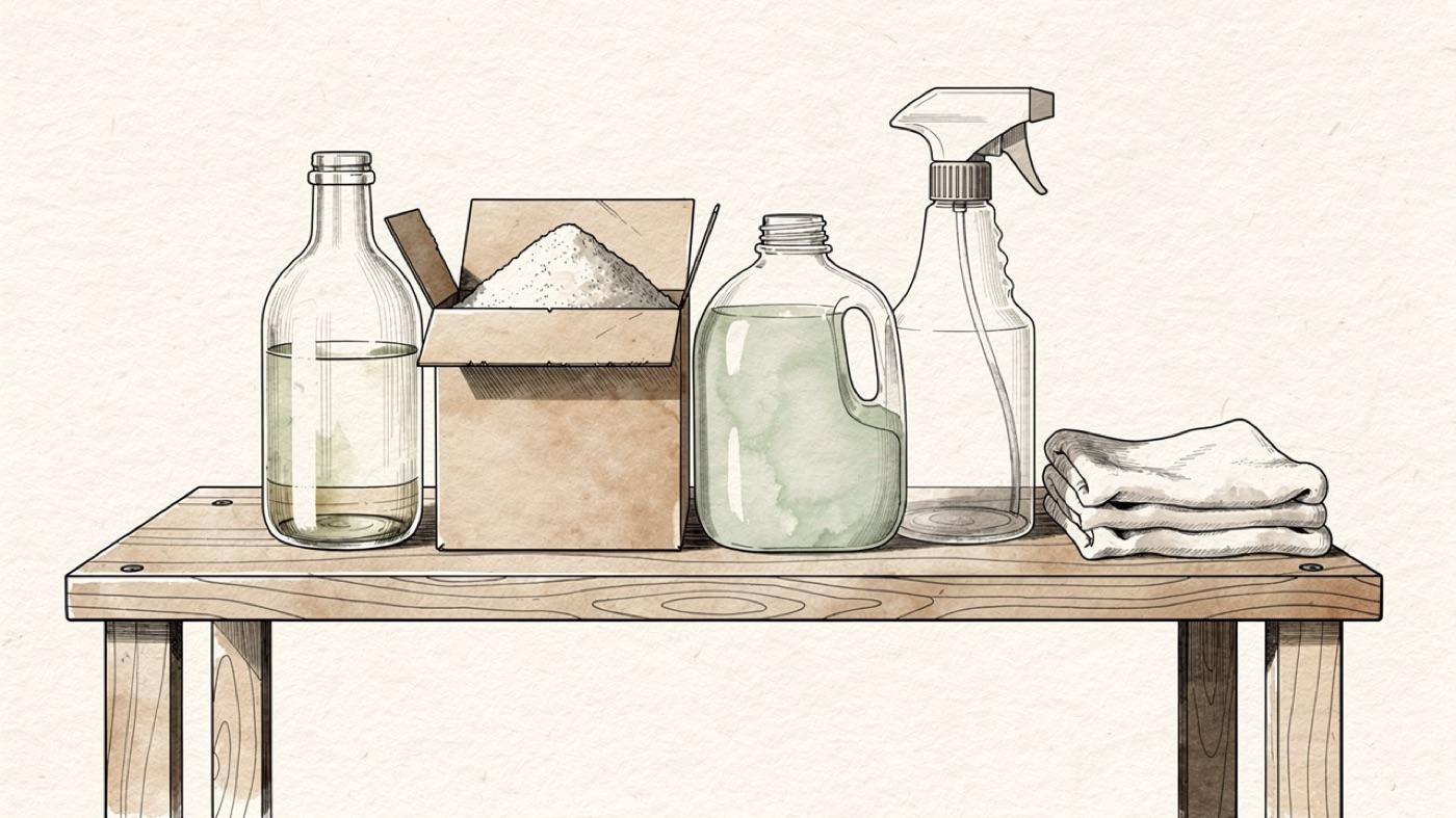 Laundry shelf holding a glass bottle of vinegar, a box of baking soda, a jug of castile soap, a spray bottle and a folded cotton cloth