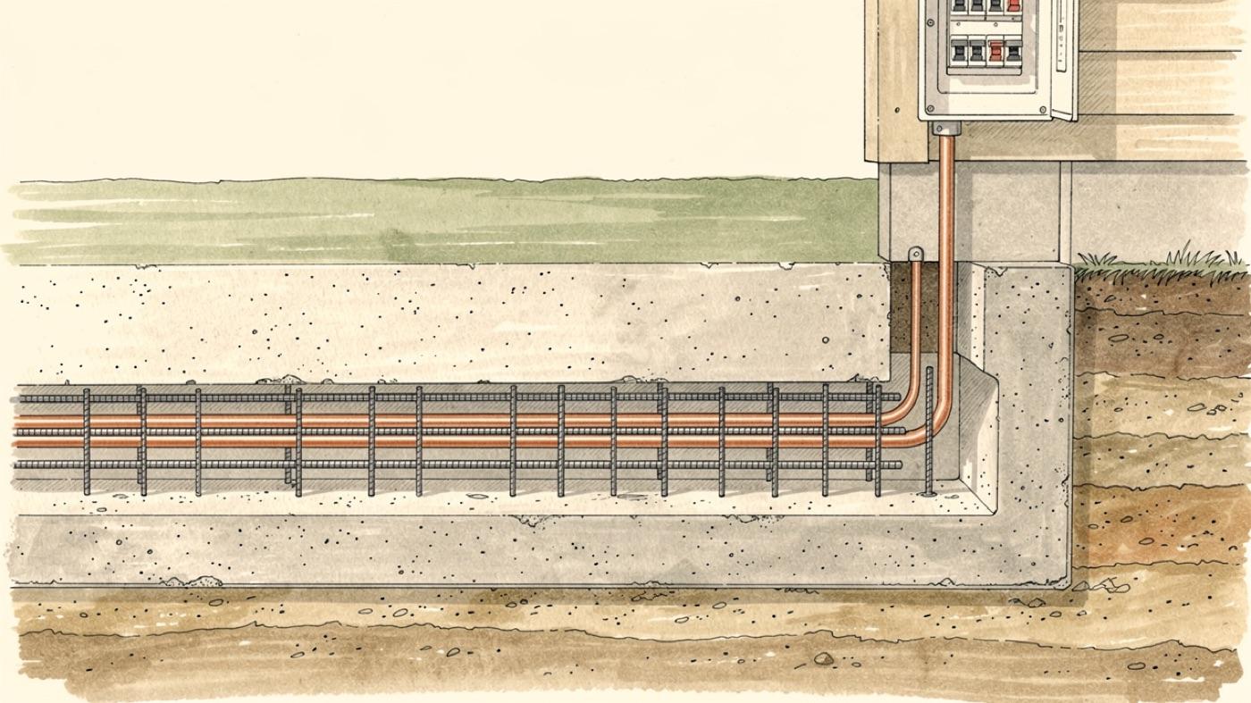 Cutaway of a concrete house footing with a copper grounding conductor encased in the concrete and a wire rising to the electrical panel