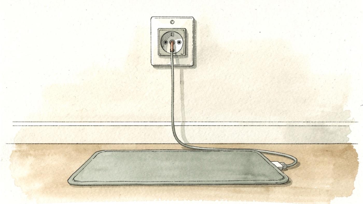 Wall outlet wired with only a ground conductor beside an earthing mat on a bedroom floor