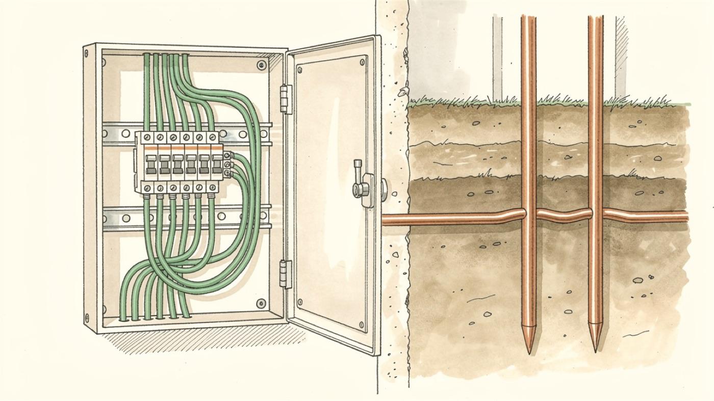 Electrical panel with all ground wires meeting at one busbar and two ground rods outside bonded by a copper wire