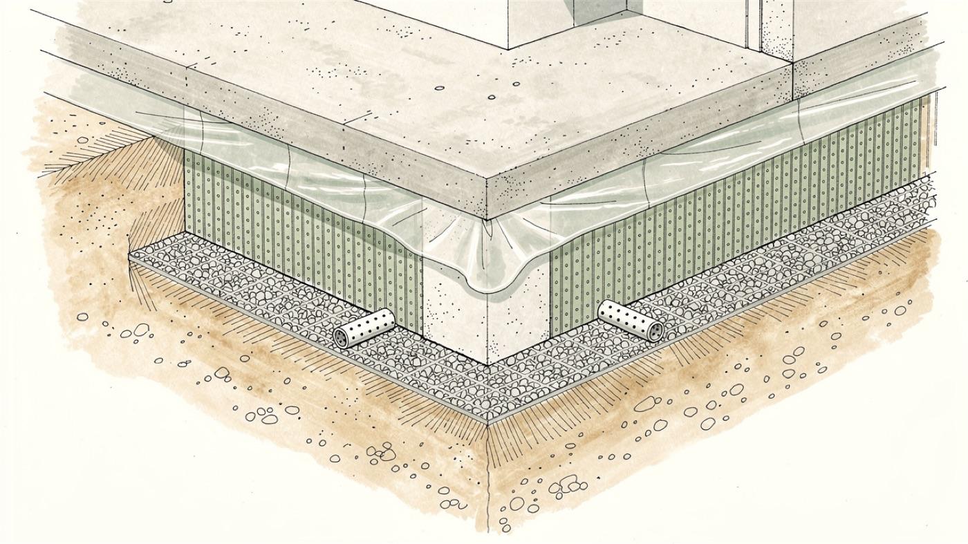 Cutaway of a house foundation showing a sealed vapor barrier under the slab, a waterproofed stem wall with insulation and dimple mat, and a gravel footing drain
