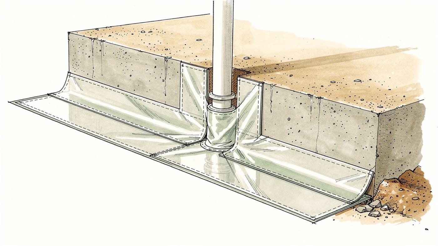 Close cutaway of a slab edge showing the vapor barrier turned up the stem wall with taped seams and a sealed collar around a plumbing pipe