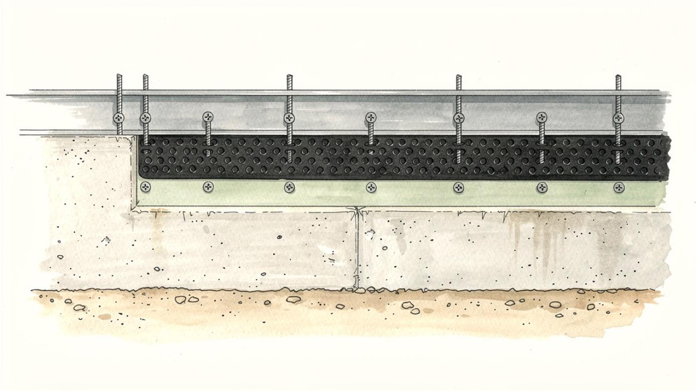 Top of a below-grade wall showing the dimple mat ending above grade under a metal termination strip fastened through rigid insulation into the concrete