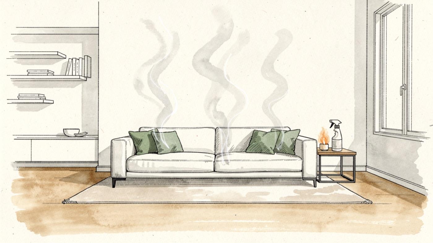 Cutaway of a living room with faint vapor rising from a new sofa, fresh paint, a scented candle and a can of cleaner