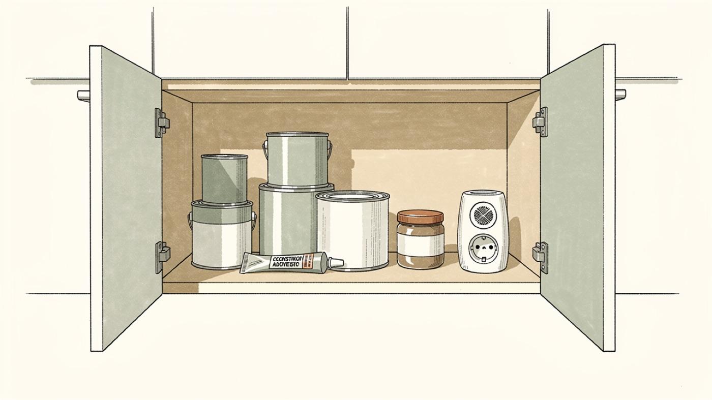 Open kitchen cabinet with cans of paint, adhesive, varnish and air freshener lined up on the shelf