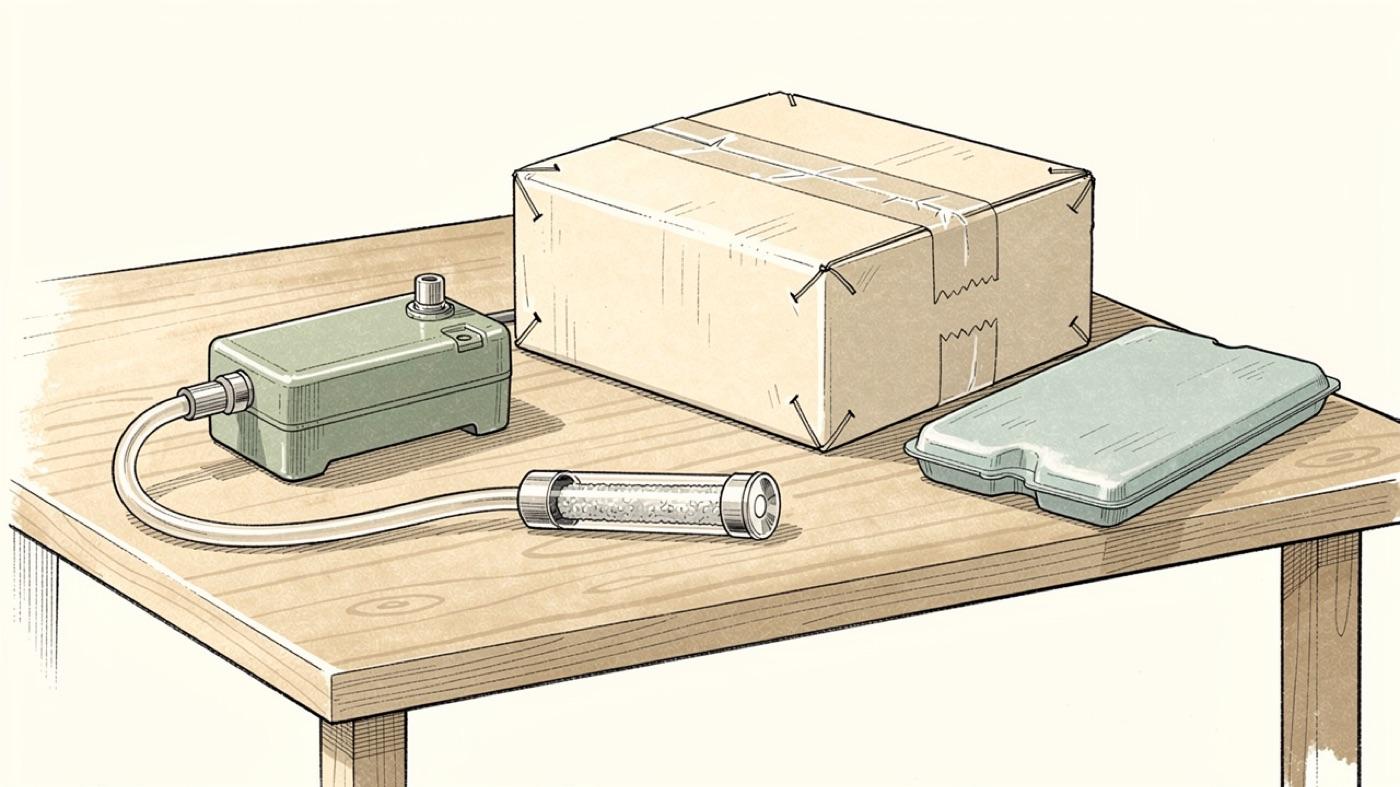Small air sampling pump on a table connected by tubing to a glass sorbent tube beside a sealed lab mailer