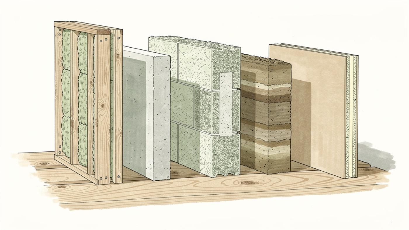 Five wall section samples standing in a row on a workbench, wood frame with batts, foam ICF, cement-wood-fiber block, rammed earth and a structural insulated panel