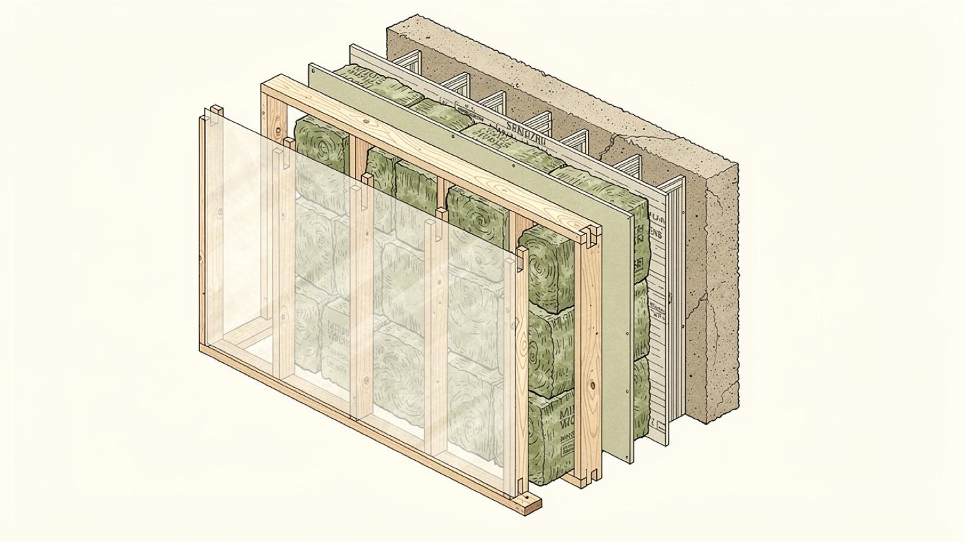 Layered cutaway of a two-by-six wood frame wall showing mineral wool in the cavity, exterior mineral wool board, a membrane, taped sheathing and a rain screen gap behind stucco