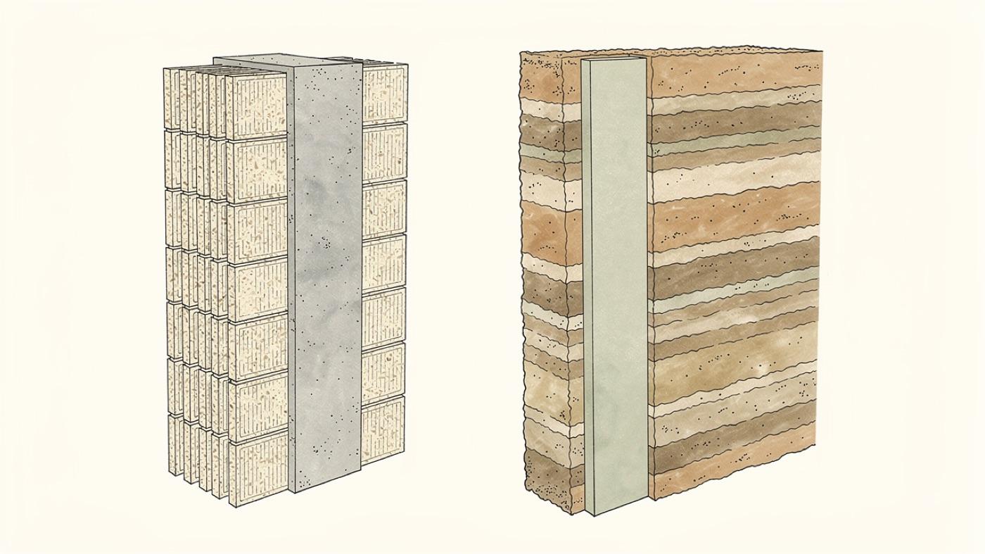 Side-by-side cutaways of a cement-bonded wood fiber block wall with concrete core and a rammed earth wall with a rigid insulation layer in the middle