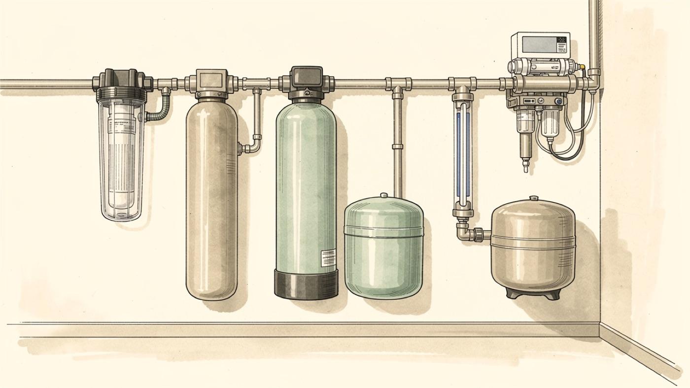 Five water filtration stages drawn in a row on a utility room wall, a sediment housing, a carbon tank, a softener tank, a UV lamp chamber and a reverse osmosis unit