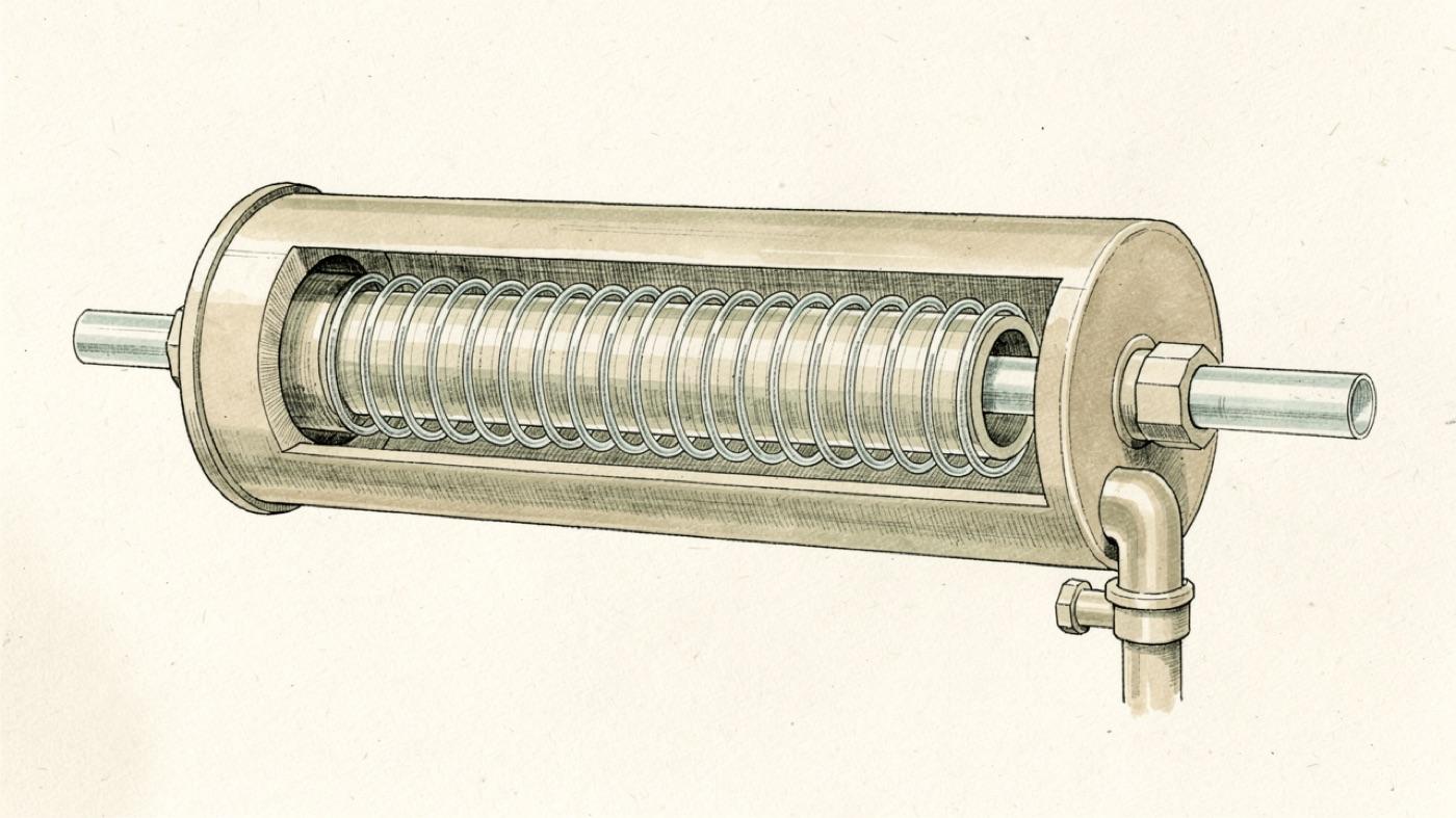 Cutaway of a reverse osmosis membrane housing showing the spiral wound membrane with clean water leaving one end and reject water leaving a side port