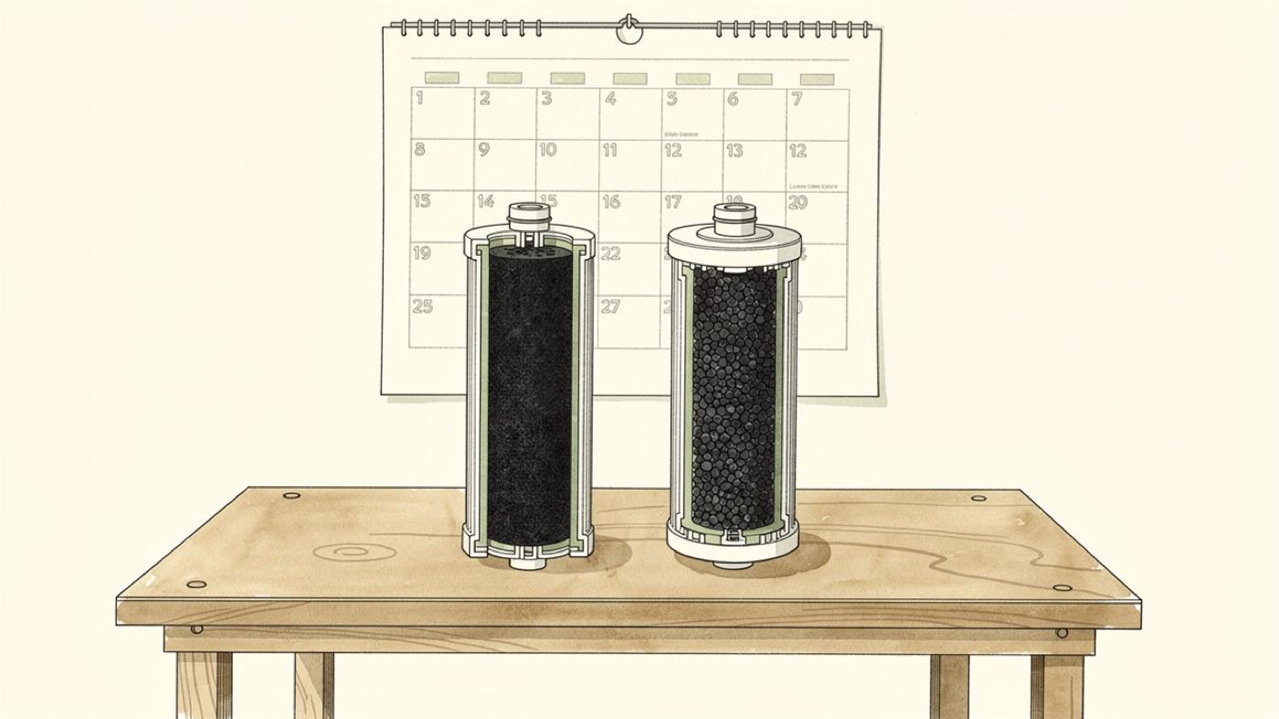 A carbon block cartridge and a granular carbon cartridge cut open side by side on a workbench with a calendar on the wall behind