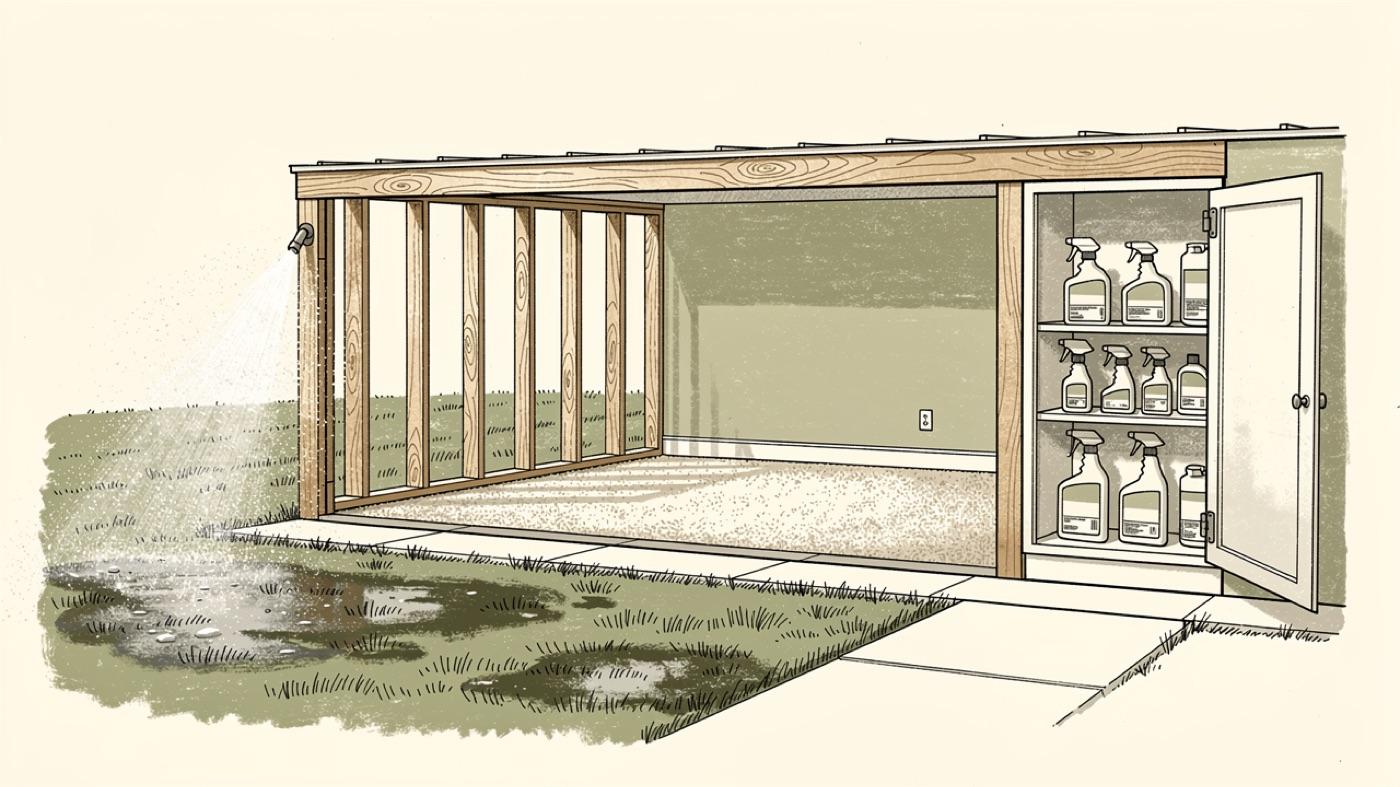 Cutaway of a house showing spray residue on a lawn, treated lumber in the framing, a carpet with settled dust and a cabinet of cleaning and pest products