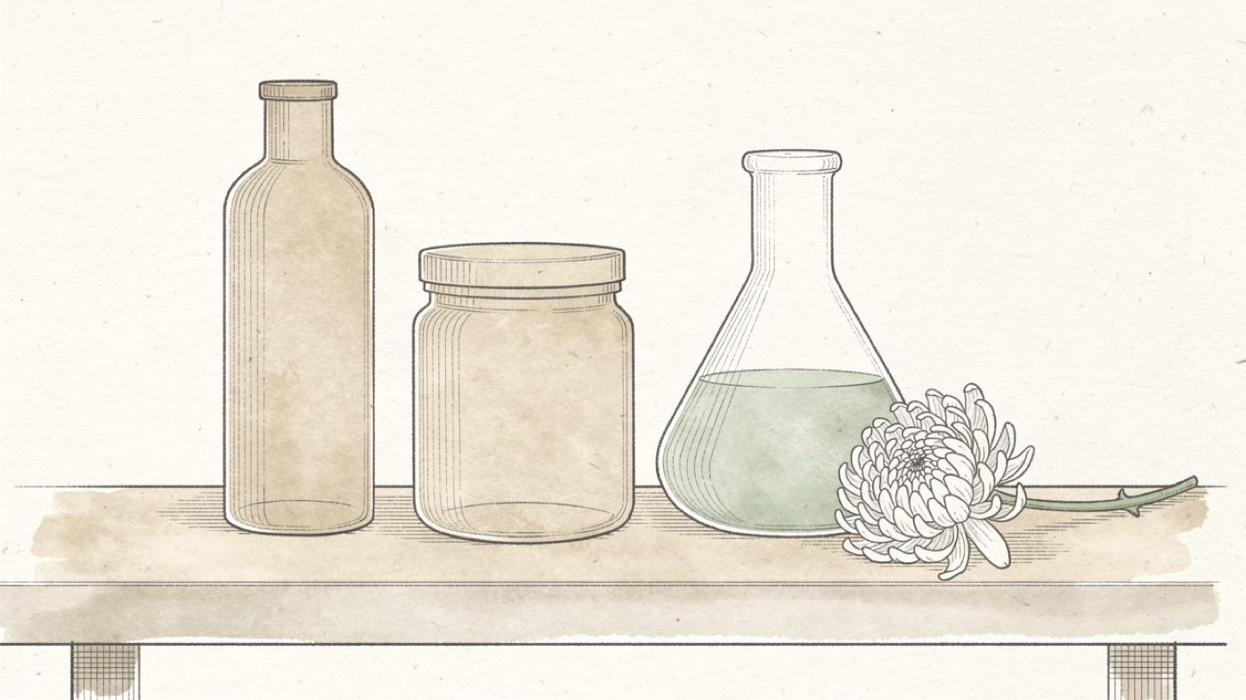 Three unlabeled chemical containers on a workbench with a chrysanthemum flower beside the third one