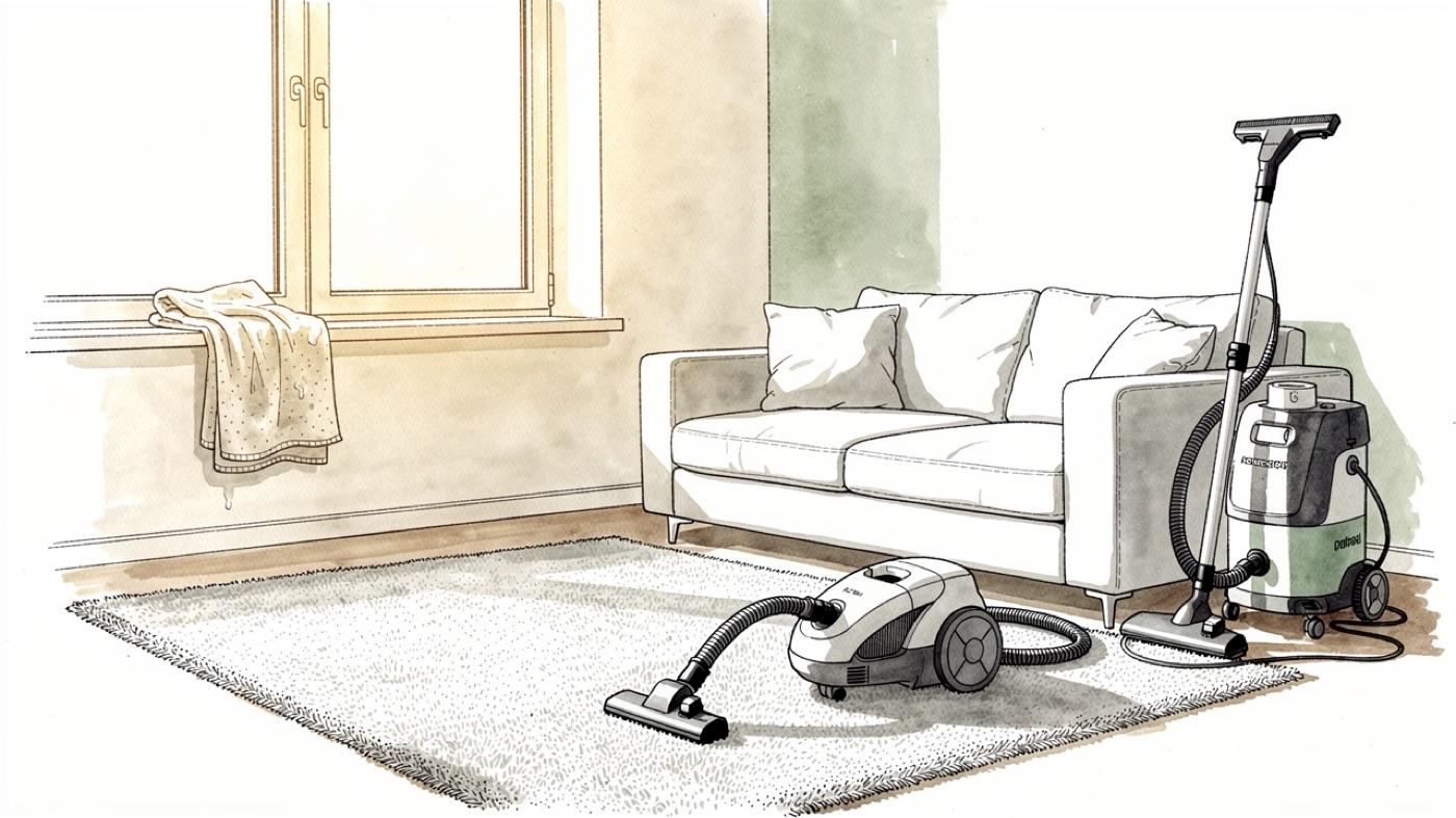 Living room with a canister vacuum on the carpet, a damp cloth on the windowsill and a steam cleaner parked by the sofa
