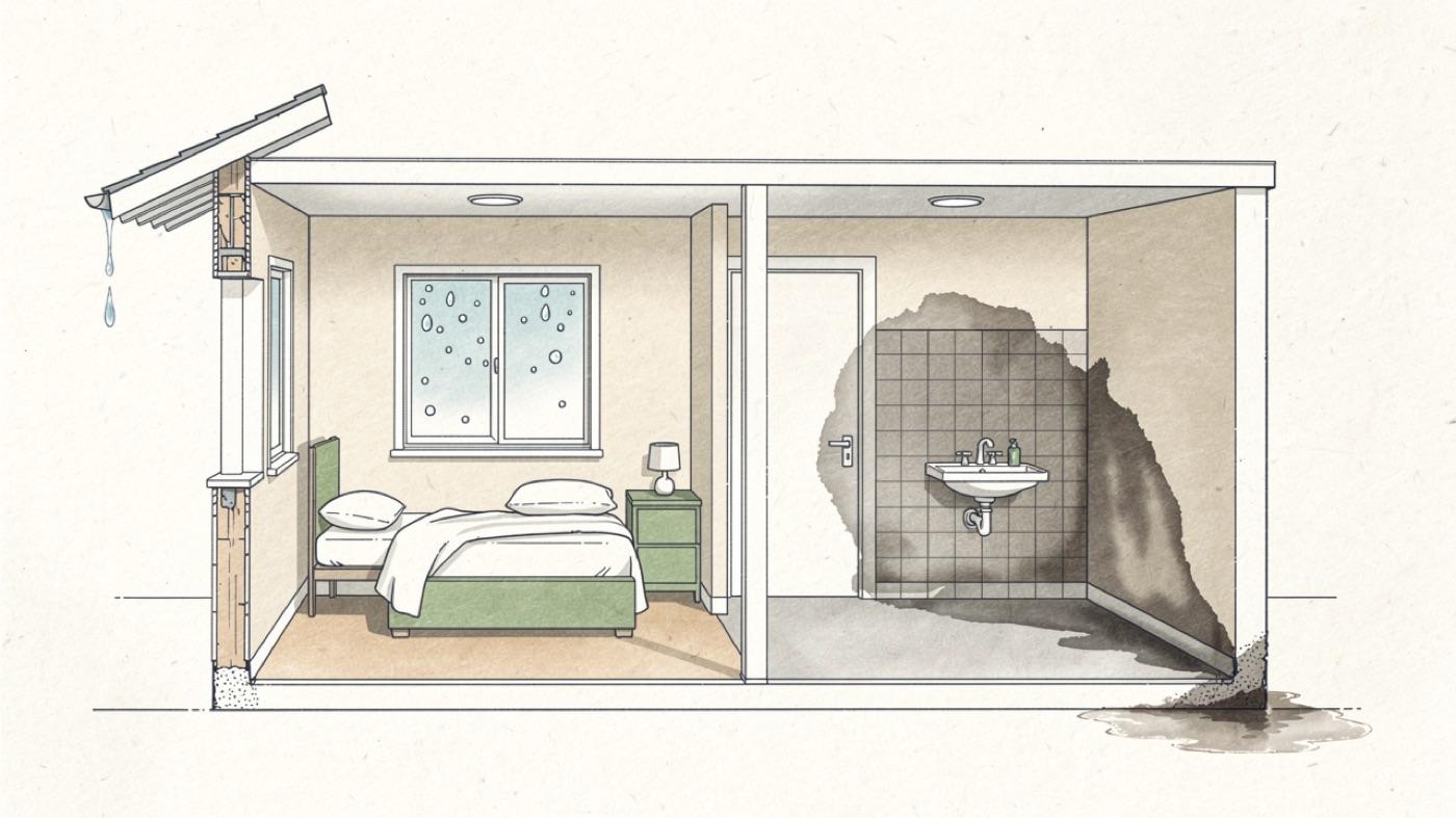 Cutaway of a house showing the common places moisture collects, a roof leak, condensation on a window, a damp bathroom wall and a wet carpet