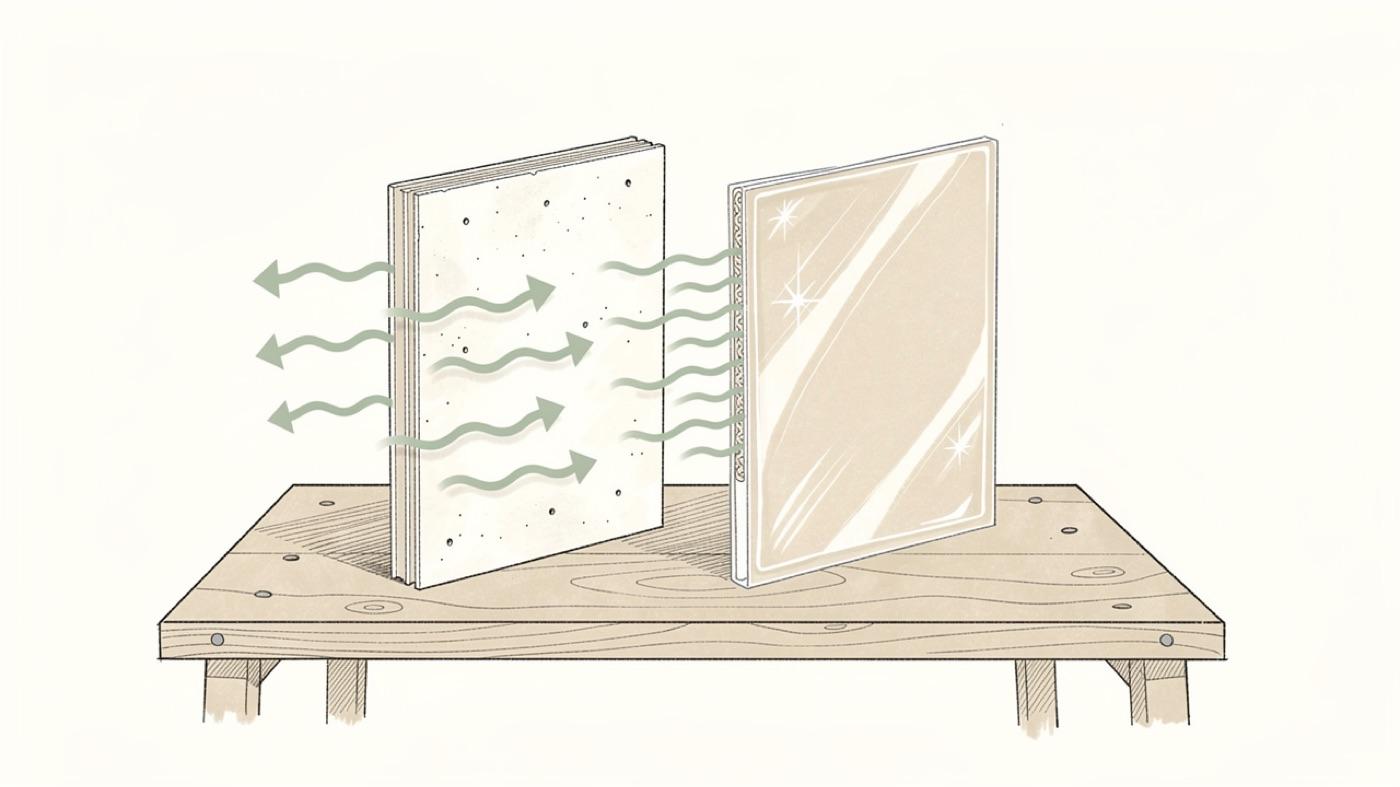 Two drywall samples side by side, one finished with breathable mineral paint and one sealed with a plastic-like primer, with moisture arrows passing through the first and stopped by the second