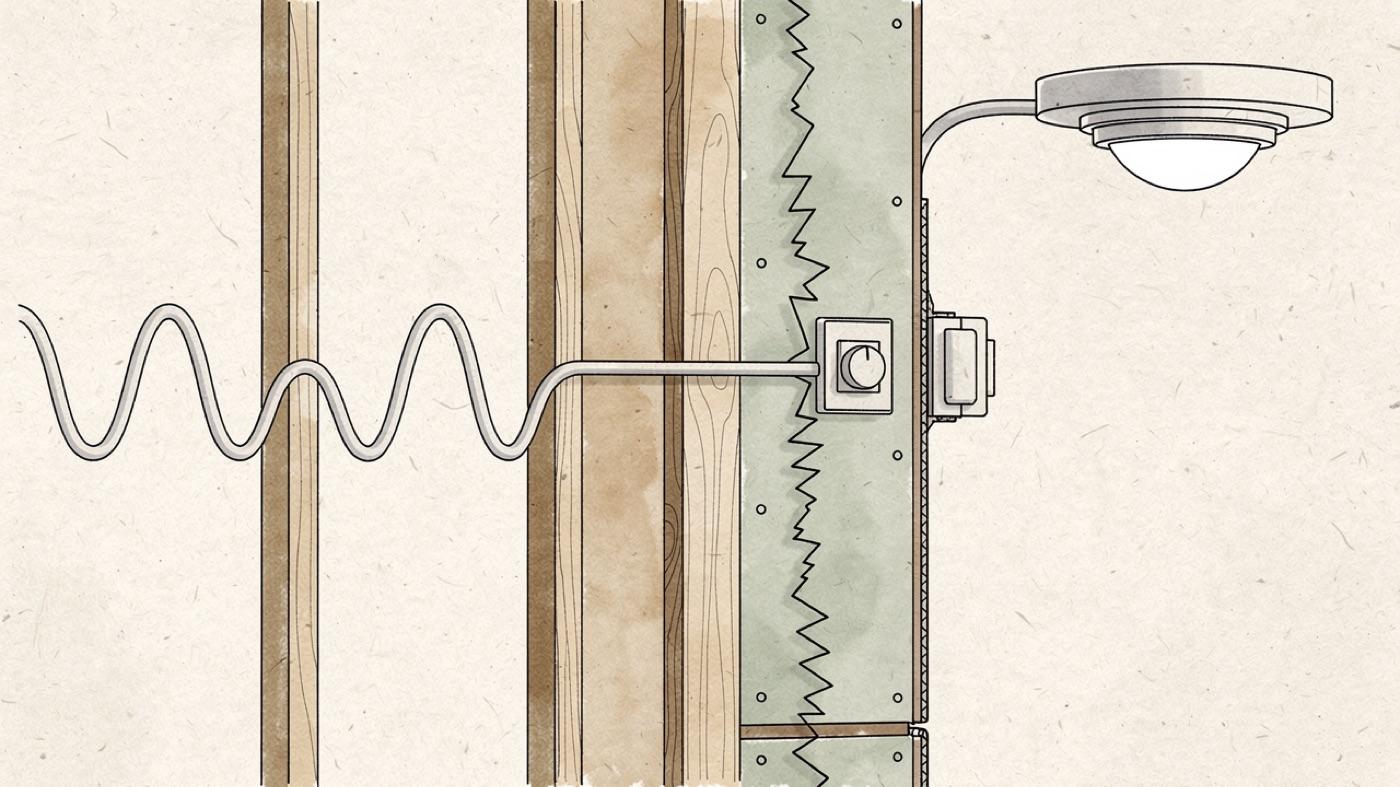 Cross section of a house wall showing a smooth sine wave inside the wiring turning jagged as it passes a dimmer switch and LED driver
