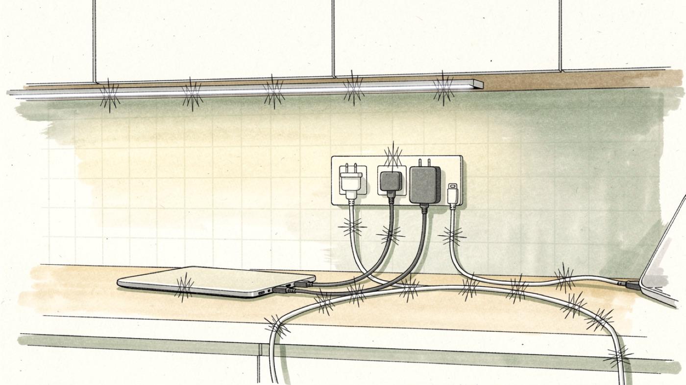 Kitchen counter with a laptop charger, phone charger, and LED under-cabinet strip all plugged in with small spikes drawn along the cord