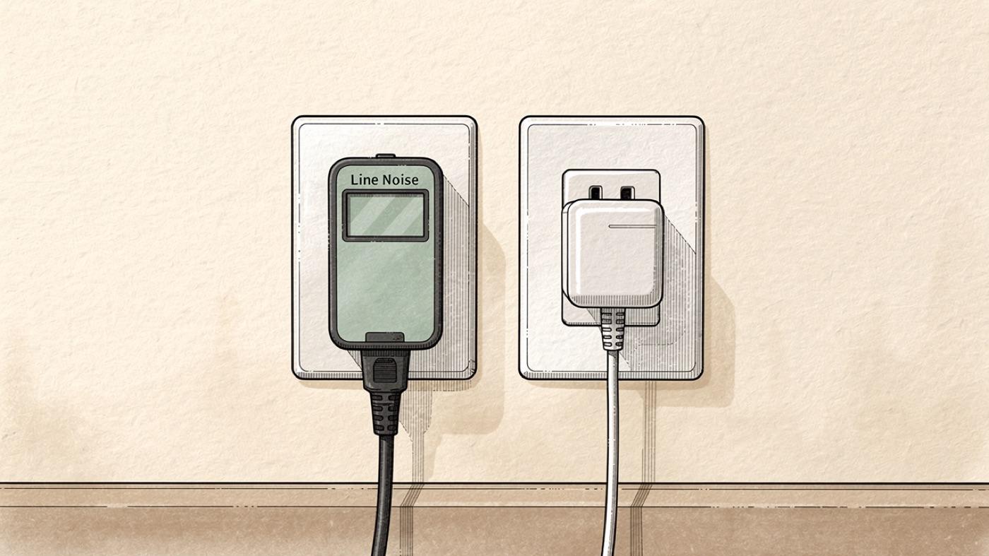 Handheld line meter plugged into a wall outlet next to a plug-in filter on the same outlet strip