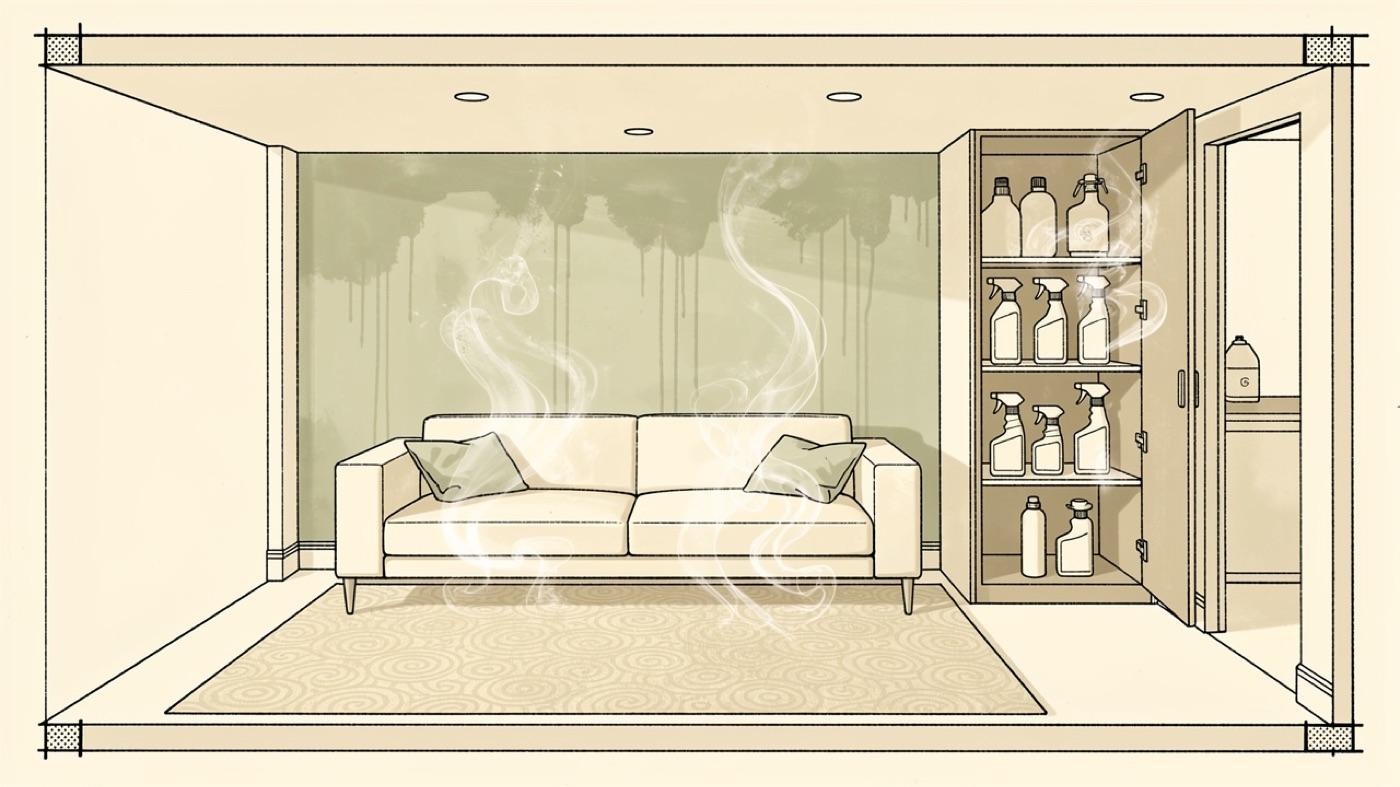 Cutaway of a living room showing faint vapor rising from a sofa, carpet, painted wall and an open cabinet of cleaning products