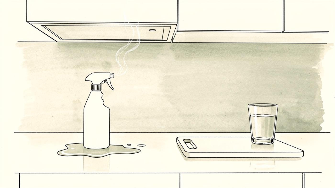 Cutaway of a person-free room showing four routes of chemical entry, vapor in the air, a spill on a countertop, a glass of water and a small cut on a workbench