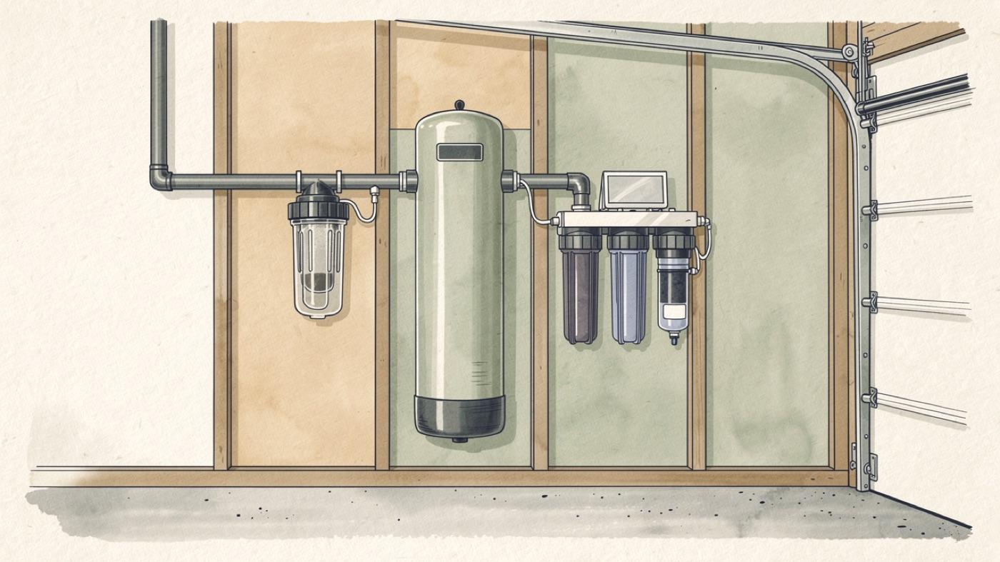 Whole house water filtration system mounted on a garage wall with sediment, carbon and reverse osmosis stages plumbed in line