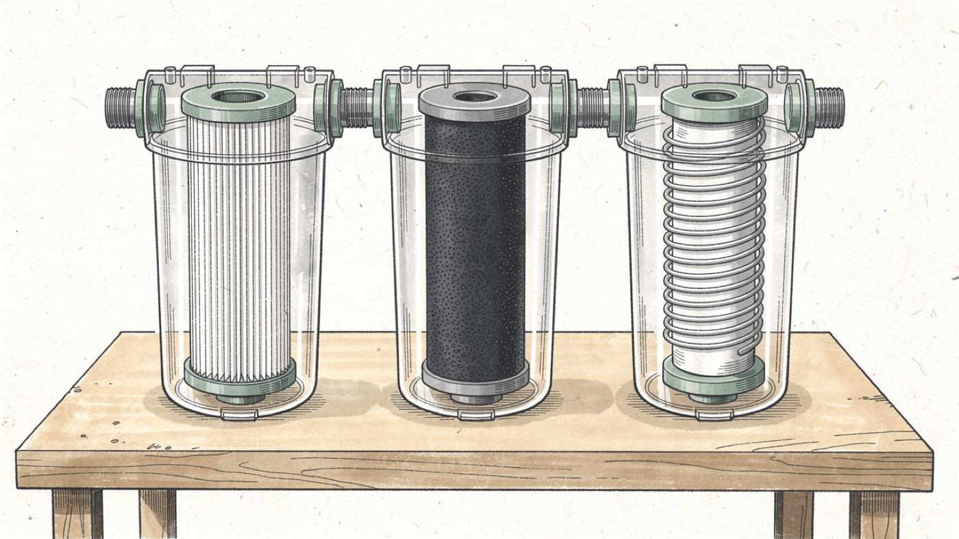 Three water filter cartridges side by side showing sediment, activated carbon and reverse osmosis membrane cross sections