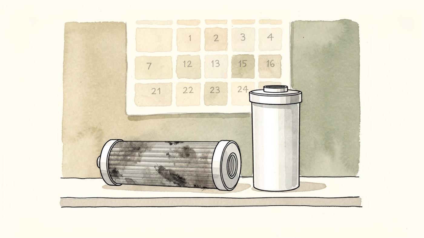 Calendar page beside a spent grey filter cartridge and a new white one